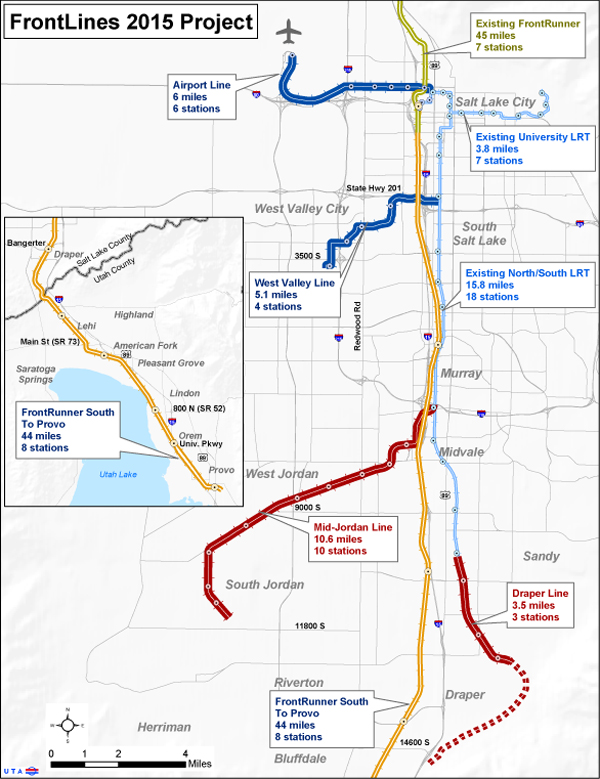 The FrontLines 2015 program is a group of five UTA rail projects that will all be in operation by the year 2015 and will add 70 miles to UTA's existing 64-mile rail network. Click on image to enlarge.