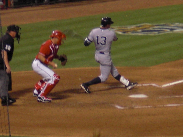 A-Rod swings and misses; he would come through later in the game.
