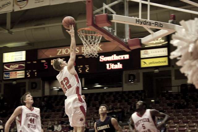 SUU's Jake Nelson lays the ball in against Carroll College