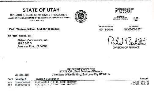 A copy of the $13-million settlement check from the state of Utah to Flatiron Constructors, Inc. dated Feb. 11, 2010.