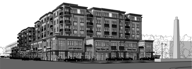 A rendering of the revised plans, which include retail space and apartments [Click on image to enlarge]