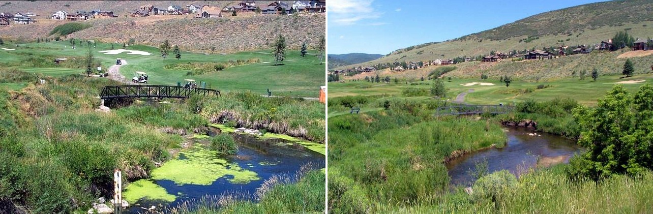 Pictures of before (left) and after phosphate treatment of East Canyon Creek at Jeremy Ranch in Park City