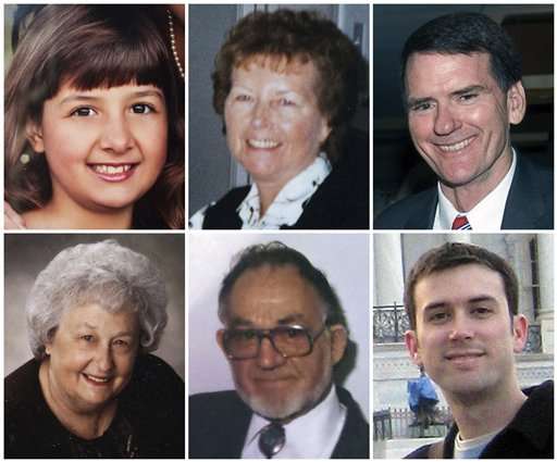 In this photo combo, victims killed at a political event with Rep. Gabrielle Giffords in Tucson, Ariz. on Saturday, Jan. 8, 2011 are shown. From top left, Christina Taylor Green, 9, Dorothy Morris, 76, Arizona Federal District Judge John Roll, 63, from bottom left, Phyllis Schneck, 79, Dorwin Stoddard, 76, and Gabe Zimmerman, 30. (AP Photo)