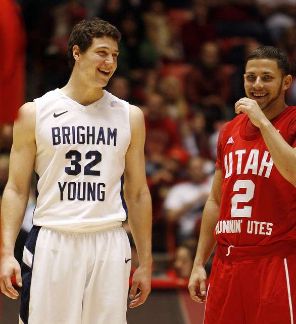 TJ's younger brother, Jimmer Fredette talking to Utah's Chris Kupets. (Ravell Call, Deseret News)