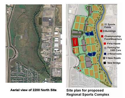 Aerial photo and site plan for proposed Regional Sports Complex at 2200 N in Salt Lake City. Courtesy Jordan River Restoration Network.