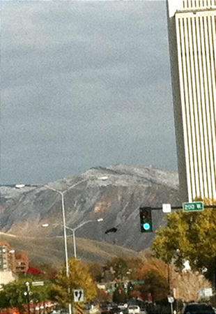 A base jumper, just left of the green traffic light in black, jumped from the LDS Church Office Building seen at right. (Randal Longstroth, for the Deseret News)