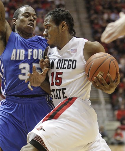 San Diego State's Kawhi Leonard protects the ball as he drives into Air Force's Evan Washington during the first half of an NCAA college basketball game in San Diego, Wednesday, Jan. 19, 2011. (AP Photo/Lenny Ignelzi)