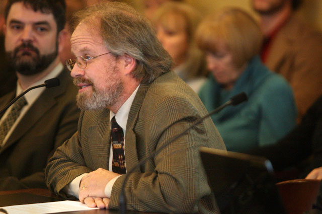 Ed Firmage Jr. raises concerns about a proposed nuclear energy facility during a House Natural Resources Committee Meeting at the State Capitol Building in Salt Lake City on Monday. (Kristin Murphy, Deseret News)