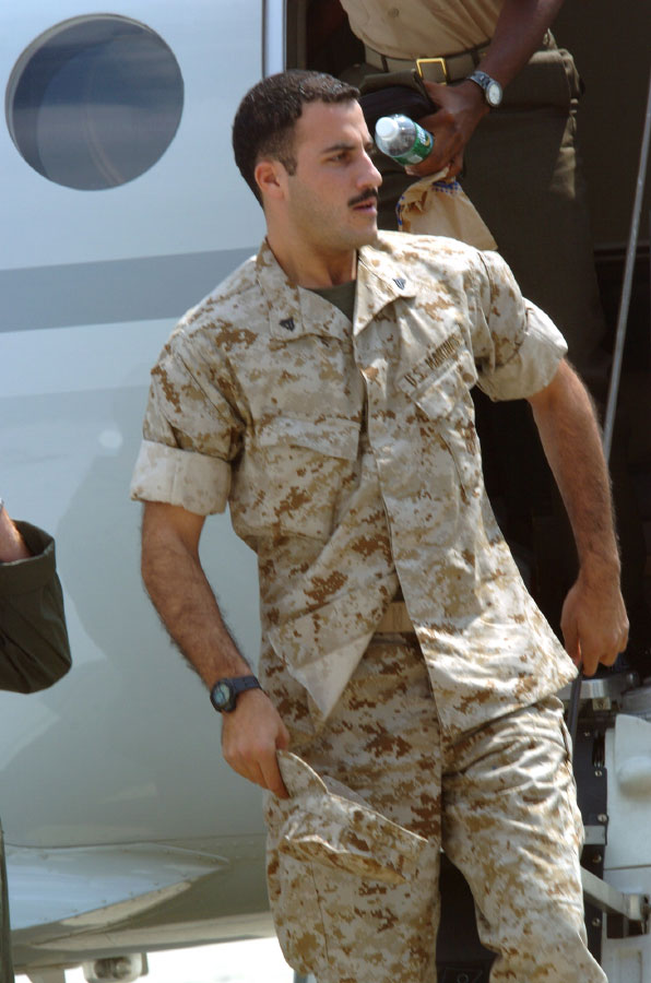U.S. Marine Cpl. Wassef Ali Hassoun, who disappeared in Iraq and turned up in Lebanon three weeks later, arrives at Quantico Marine base, Va., Thursday, July 15, 2004. Hassoun, an Arabic translator for his unit, failed to report for duty Tuesday, Jan. 4, 2005 following an authorized holiday, said Maj. (AP file Photo/USMC., LCpl Jason W. Fudge)
