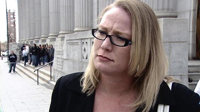 Rebecca Ives, mother of 2007 bear attack victim Sam Ives, speaks outside federal court in Salt Lake City on Wednesday, Feb. 9, 2011.