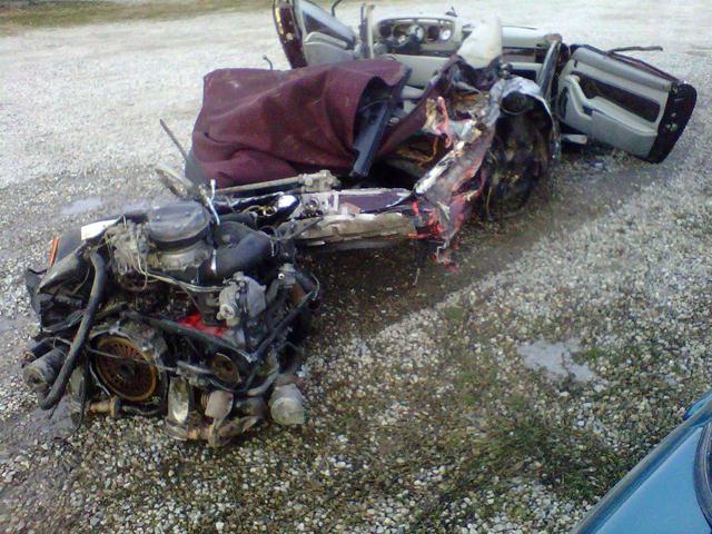 The wreckage of a Porsche belonging to the Keith and Lisa Brown, the parents of The 5 Browns, sits in pieces at a Midvale wrecking yard Tuesday, Feb. 15, 2011. (Mike Radice, KSL 5 News)