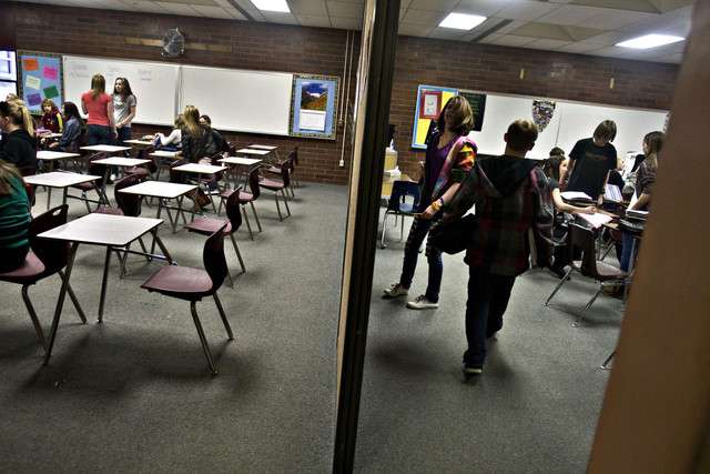 A four-classroom "pod" is actually one room with temporary partitions at Albion Middle School in Sandy on Monday, Feb. 28, 2011.