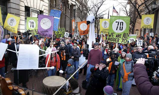 Hundreds of protesters gather in Salt Lake City Monday, Feb. 28, 2011, in support of Tim DeChristopher, who is accused of facetiously staking a claim to 13 parcels of land for nearly $1.8 million. (Tom Smart, Deseret News)