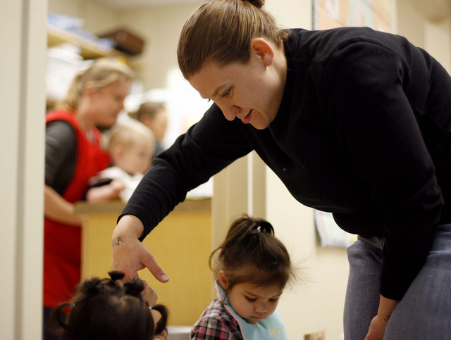 Shawna Lechtenberg works as a substitute teacher at a Head Start program that is located in Palmer Court in Salt Lake City on Friday, March 4, 2011. Lechtenberg lives at Palmer Court with her two young sons. (Laura Seitz, Deseret News)