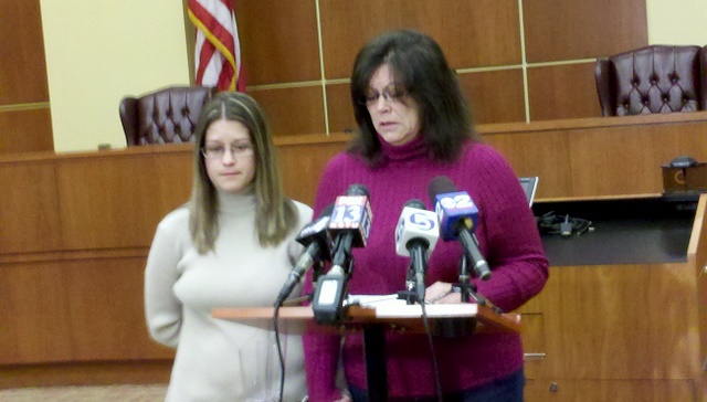 Celia Costanzo (R), Micaela Costanzo's mother, speaks at a press conference Sunday following news a body was recovered in a shallow grave near West Wendover is likely her daughter.