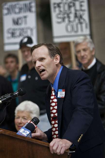 Steve Maxfield of SaveGrama.org speaks at a rally to announce a petition in opposition of the changes to the GRAMA Act that were signed into law this legislative session in the Capitol rotunda on Thursday. (Mike Terry, Deseret News)