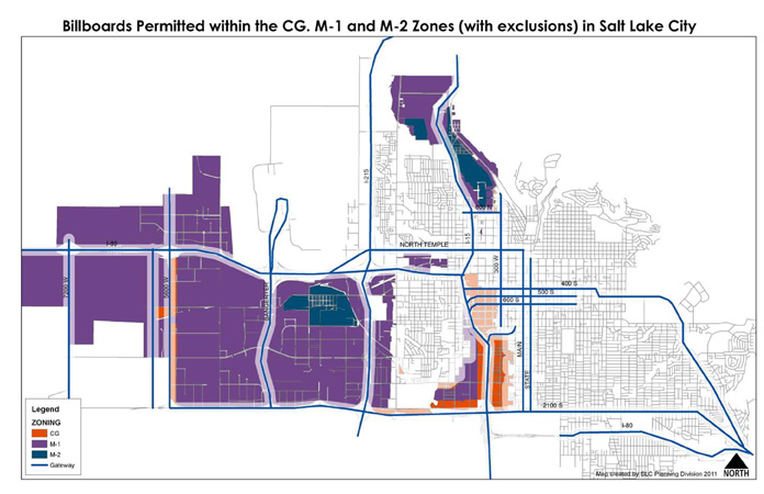 Map showing zoning where billboards are allowed. Click to enlarge.