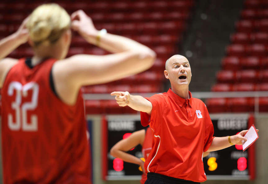 Utah head coach Anthony Levrets directs the team through drills at practice at the Huntsman Center. (Lennie Mahler, Submission date: 03/18/2011)
