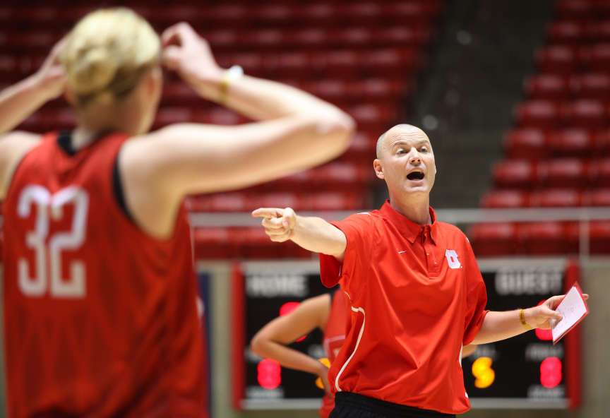 Utah head coach Anthony Levrets directs the team through drills at practice at the Huntsman Center. (Lennie Mahler, Submission date: 03/18/2011)