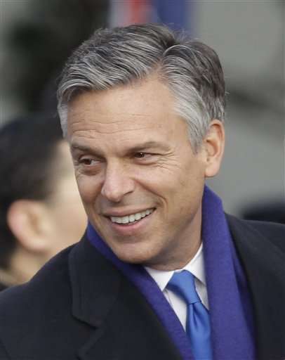 In this Jan. 19, 2011, file photo U.S. Ambassador to China Jon Huntsman awaits the state arrival of China's President Hu Jintao on the South Lawn of the White House in Washington. When Huntsman returns to Washington in April, the former Utah governor will have a full-fledged campaign-in-waiting at his disposal, built by supporters who insist they orchestrated it all without his direction. (AP Photo/Charles Dharapak, File)