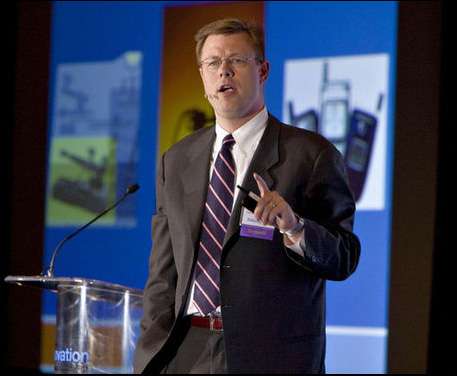 Clark Gilbert, president and CEO of Deseret News and Deseret Digital Media, speaks on the effects and roles of disruptive innovation in business during the keynote address at the 2011 Utah Innovation Awards at the Little America Hotel in Salt Lake City on Tuesday, May 3, 2011.