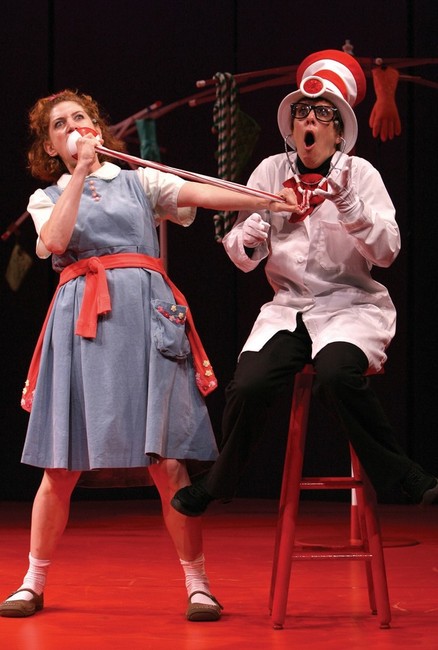 Gertrude McFuzz and the Cat in the Hat from Theatreworks' scaled-down tour of "Seussical," at BYU over the weekend.