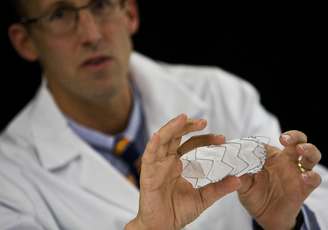 Cardiac surgeon Dr. John Doty demonstrates the technology used on the collaborative effort and unique situation of Vera Davis' surgery to address an aortic aneurysm at Intermountain Medical Center in Murray on Thursday, May 19, 2011. (Mike Terry, Deseret News)