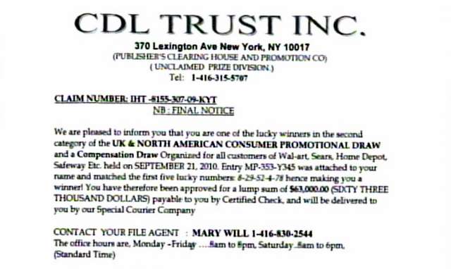 A copy of the letter from the scammers.