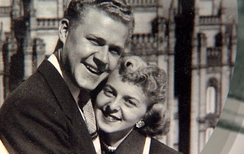 Joe and Glo Jensen got a memorable photo by stepping out onto an upper floor fire escape of the hotel.