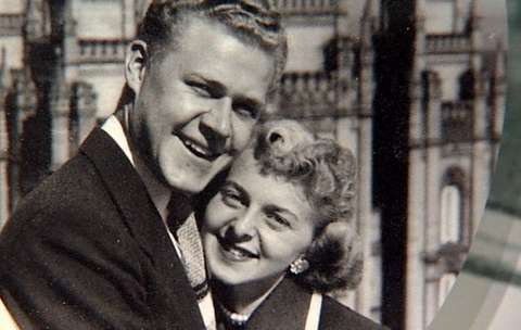 Joe and Glo Jensen got a memorable photo by stepping out onto an upper floor fire escape of the hotel.