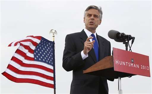 Former Utah Gov. Jon Huntsman announces his bid for the Republican presidential nomination, Tuesday, June 21, 2011, at Liberty State Park in Jersey City, N.J. (AP Photo/Mel Evans)