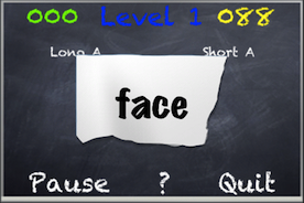 A screenshot from the app. Children must sort the word according to spelling patterns. Here, "long a" and "short a."