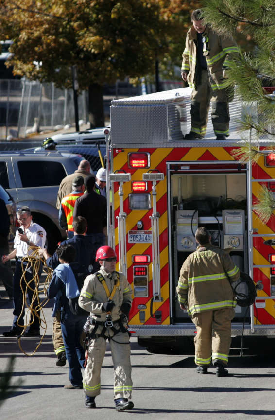 Emergency responders work at the scene of a water pipe burst that injured 12 people at the University of Utah on Monday, November 1, 2010. (Kristin Murphy, Deseret News)