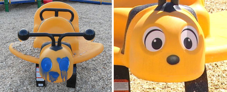Before and after photos of the playground's toy bee following Wednesday's cleanup.