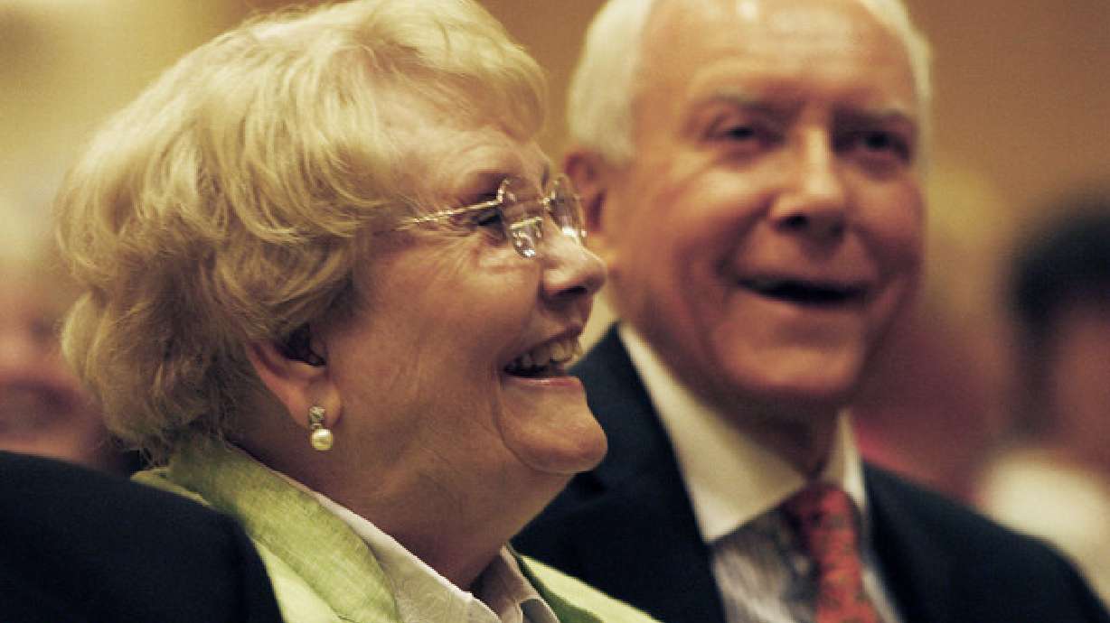 Elaine Hatch and Sen. Orrin Hatch laugh as Michael McLean performs at the 24th annual Conference for Seniors in Salt Lake City on Aug. 29, 2011. Elaine Hatch died Saturday at age 91, according to a statement from the Hatch Foundation.