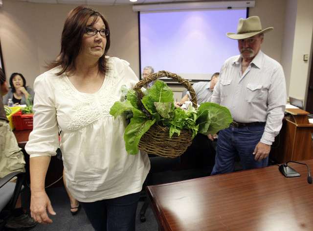 Urban farmers Diane and Jerry Jones carry their produce to the Salt Lake County Council in Salt Lake City Tuesday, Aug. 30, 2011. Farmers brought in samples of their crops during the council's work session to help illustrate the success of urban farming