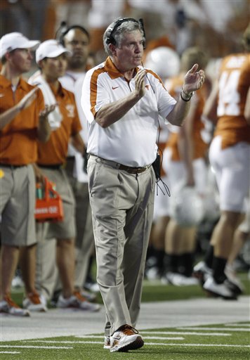 Texas coach Mack Brown walks the sideline during the Longhorns' game against Rice. (AP Photo/Eric Gay)