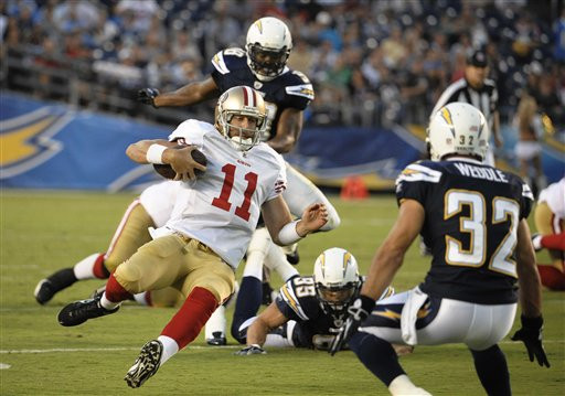 49ers quarterback Alex Smith goes into a slide to avoid the hit by San Diego Chargers defensive back Eric Weddle during the first quarter of an NFL preseason football game. (AP Photo/Denis Poroy)