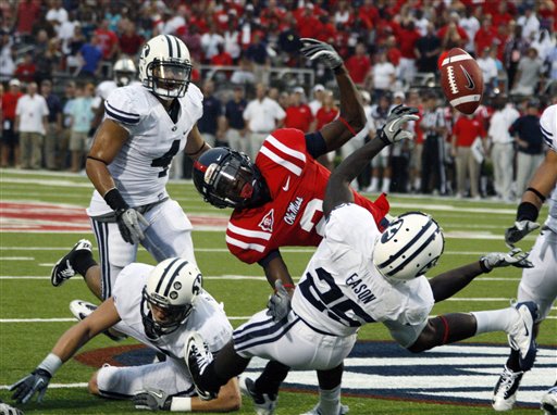 An incomplete last-minute pass to Mississippi wide receiver Nickolas Brassell is broken up by BYU DB Corby Eason (25) on Saturday. (AP Photo/Rogelio V. Solis)