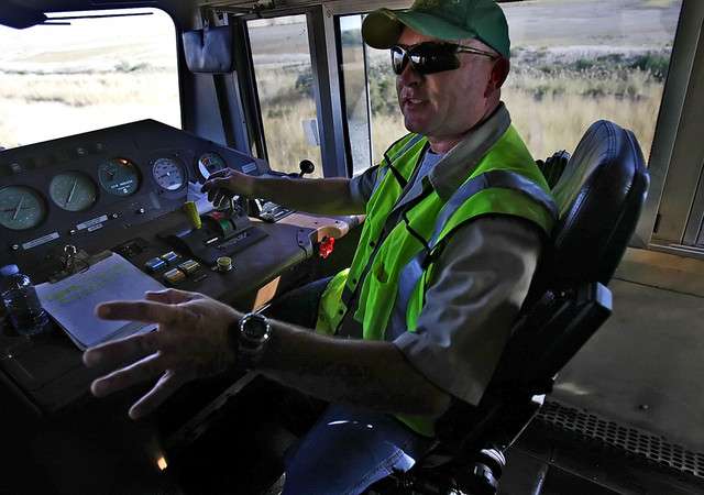 Engineer Ken Yardley talks about safety and
concerns he has a an engineer. Union Pacific is
working together with Operation Lifesaver Utah
and local officials to enhance awareness of the
need for rail safety in the community Friday,
Sept. 9, 2011.