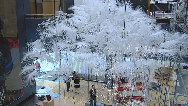 The Hylozoic Ground sculpture by Philip Beesley 
is being installed at The Leonardo on Friday, 
September 9, 2011. It contains a network of 
interactive mechanical fronds, filters and 
feather-like whiskers. Tens of thousands of 
lightweight, digitally fabricated components are 
fitted with microprocessors that react to human 
presence, almost like a giant lung breathing in 
and out around visitors. On Saturday, Oct. 8, 
2011, The Leonardo will open its doors 
permanently on Library Square in downtown Salt 
Lake City.