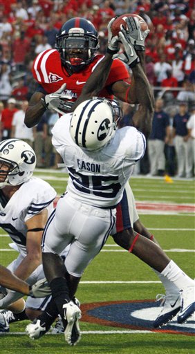 An incomplete last minute pass to Mississippi wide receiver Nickolas Brassell (2) is broken up by BYU defensive back Corby Eason (25). (AP Photo/Rogelio V. Solis)