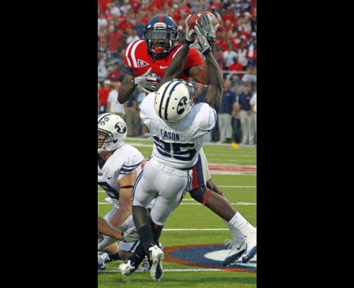 An incomplete last minute pass to Mississippi wide receiver Nickolas Brassell (2) is broken up by BYU defensive back Corby Eason (25). (AP Photo/Rogelio V. Solis)