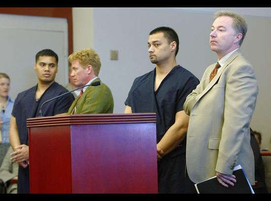 Letitaia Nuusila and attorney Chad Steur, left,
and Ricky Peace and attorney Charles Corry during
a May 4, 2010 court hearing. The individuals who
beat up David DJ Bell and his partner, Dan Fair,
have been given parole dates.