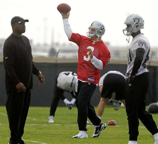 Oakland Raiders new quarterback Carson Palmer (3) throws a pass at practice, Wednesday. (AP Photo/Ben Margot)