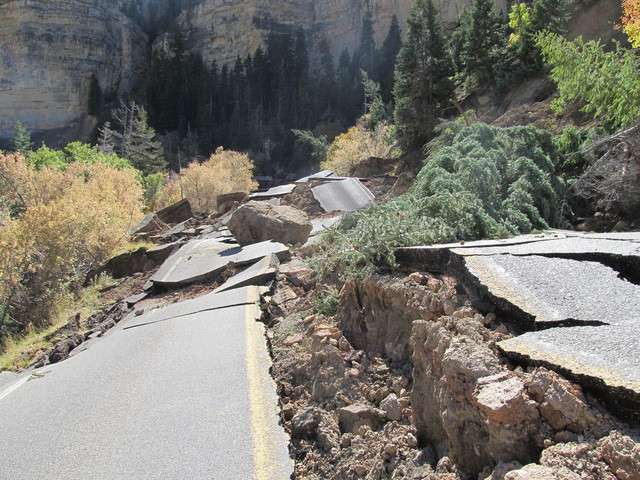 This picture shows the damage from a landslide that covered state Route 14 east of Cedar City, discovered on Oct. 8, 2011.(Photo: Utah Geological Survey)