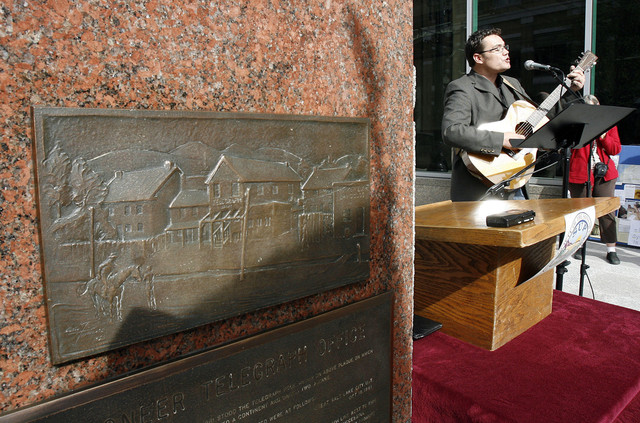 Main Street monument commemorates transcontinental telegraph line