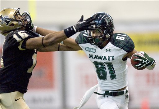 Hawaii wide receiver Royce Pollard (81) stiff
arms Idaho linebacker Korey Toomer (16). (AP
Photo/Dean Hare)