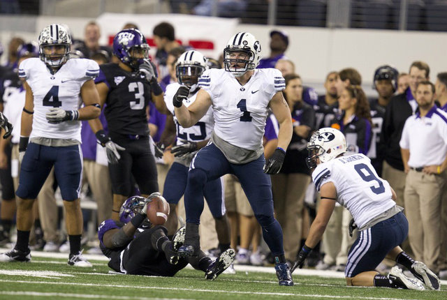 BYU LB Jordan Pendleton celebrates after making
a tackle against TCU. (Mark Philbrick/BYU
Photo)