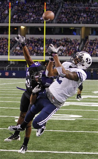 TCU cornerback Jason Verrett defends a pass in
the end zone against BYU wide receiver Cody
Hoffman. (AP Photo/LM Otero)